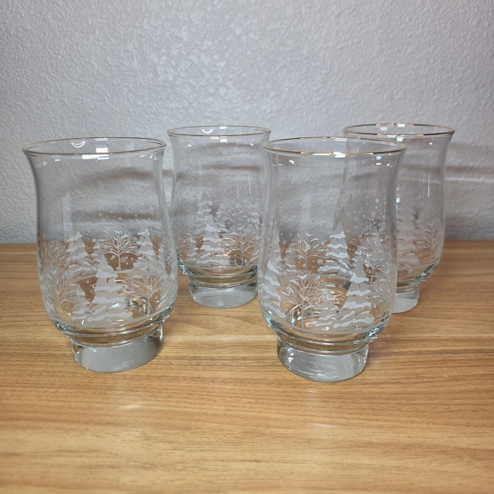 Vtg Libbey Winter Wonderland Frosty Pines Tulip Glass Tumblers Set Of 4 Gold Rim